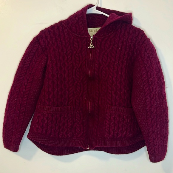 Aran Sweater Market Jackets & Blazers - Hooded Aran Zipper Sweater Cardigan- Wine/Burgundy Color XL